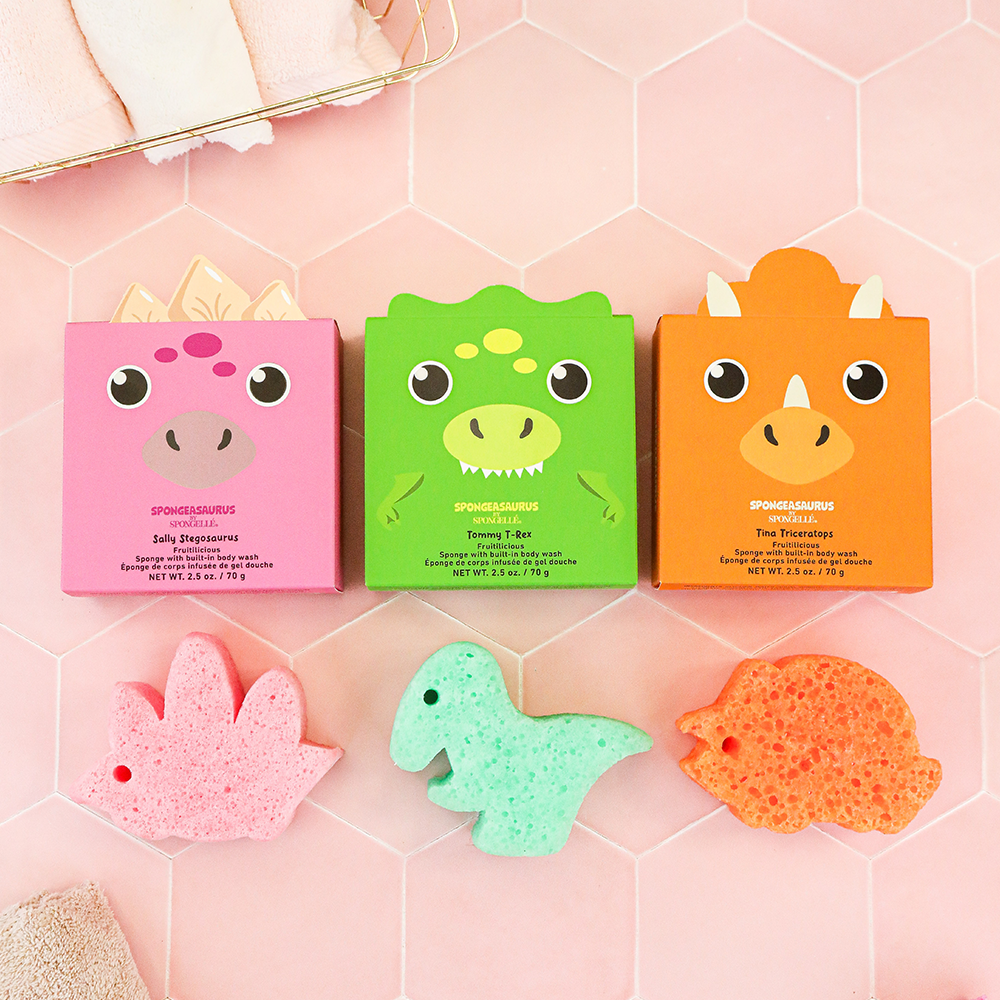 Spongellé Spongeasaurus Assorted Pack of body wash infused buffers with fun dinosaur shapes and vibrant colors.