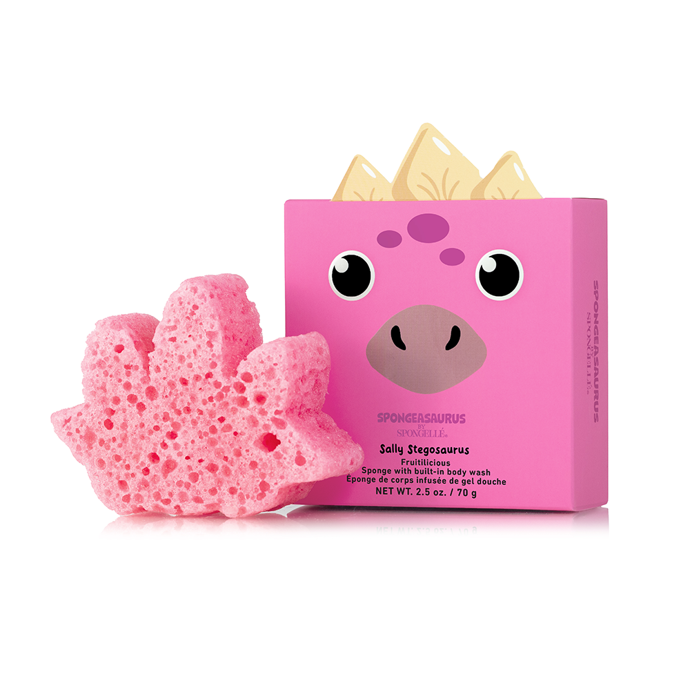 Spongellé Spongeasaurus Assorted Pack with body wash-infused buffers featuring colorful dinosaur shapes and floral scents.