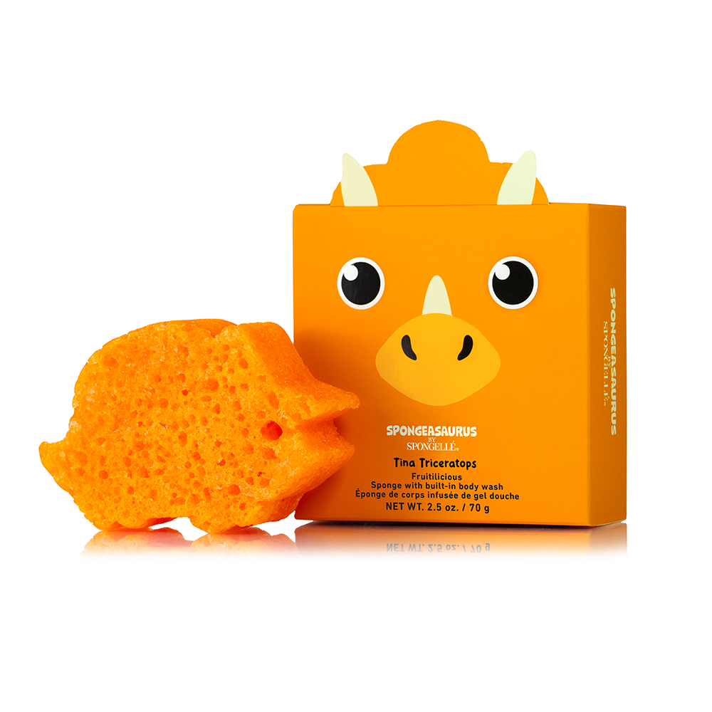 Spongellé Spongeasaurus assorted pack of body wash infused buffers with playful dinosaur design and vibrant colors.