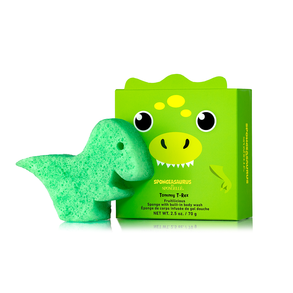 Spongellé Spongeasaurus Assorted Pack of body wash infused buffers with fun dinosaur design and vibrant colors.