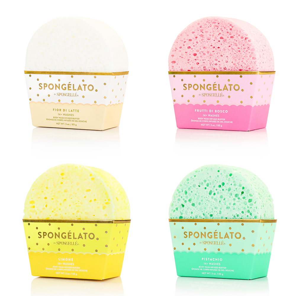 Spongellé Spongelato assorted pack of body wash infused buffers with colorful, textured sponges for gentle cleansing.