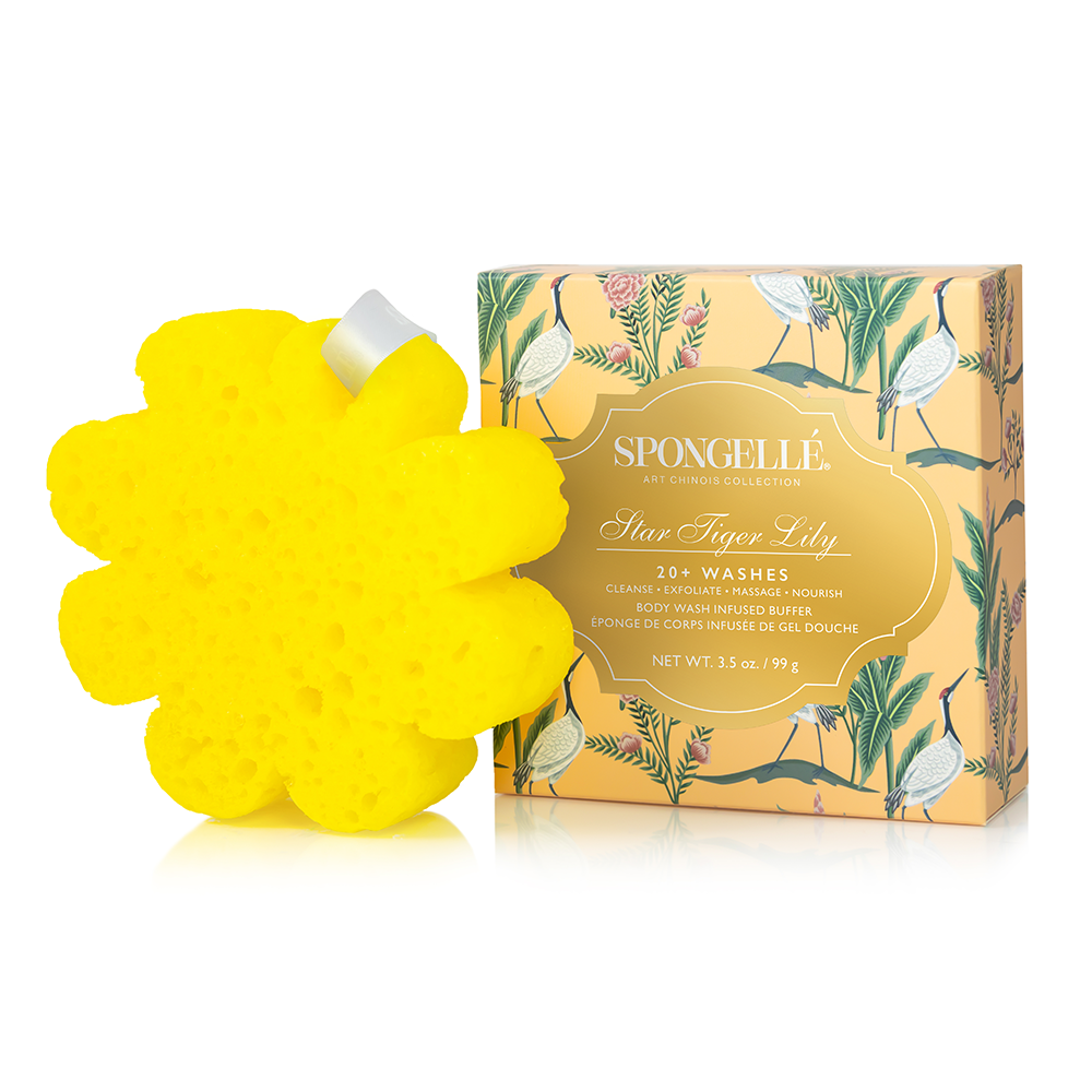 Spongellé Star Tiger Lily Body Wash Infused Buffer with floral design and textured surface for gentle cleansing and exfoliation.