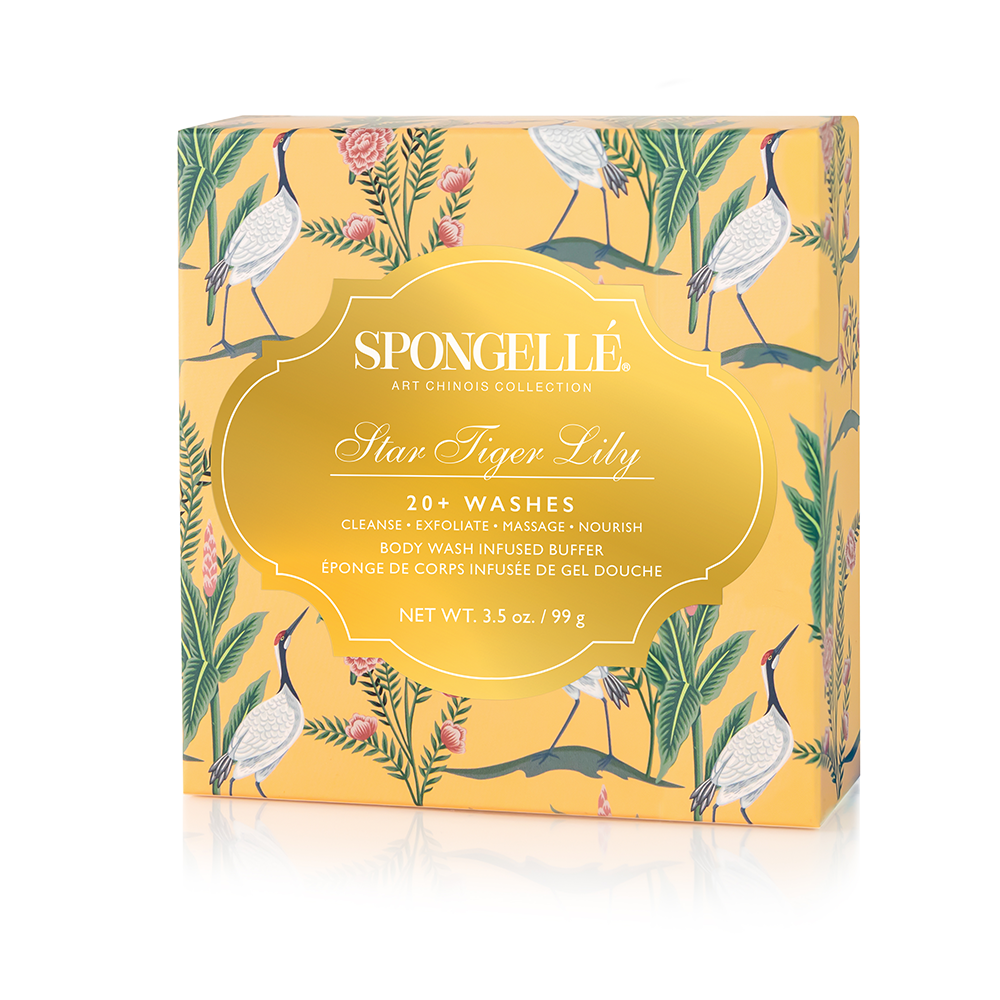 Spongellé Star Tiger Lily Body Wash Infused Buffer with floral tiger lily design for gentle cleansing and exfoliation.