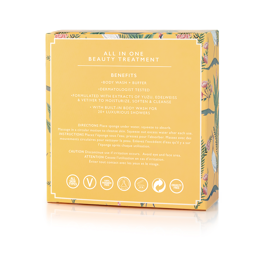 Spongellé Star Tiger Lily Body Wash Infused Buffer with floral design and vibrant colors, designed for gentle exfoliation and cleansing.