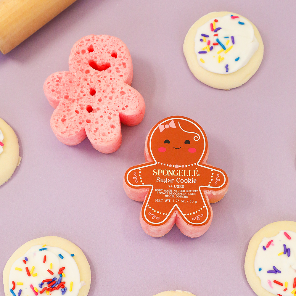 Spongellé Sugar Cookie Holiday Gingerbread body wash-infused buffer with festive gingerbread and cookie scent, textured exfoliating surface.
