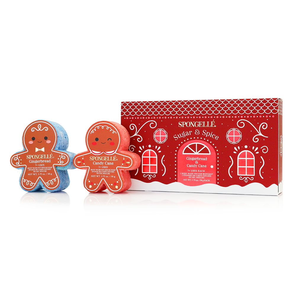 Spongellé Sugar & Spice Holiday Gingerbread Body Wash Infused Buffer gift set with festive gingerbread scent and textured body buffer.
