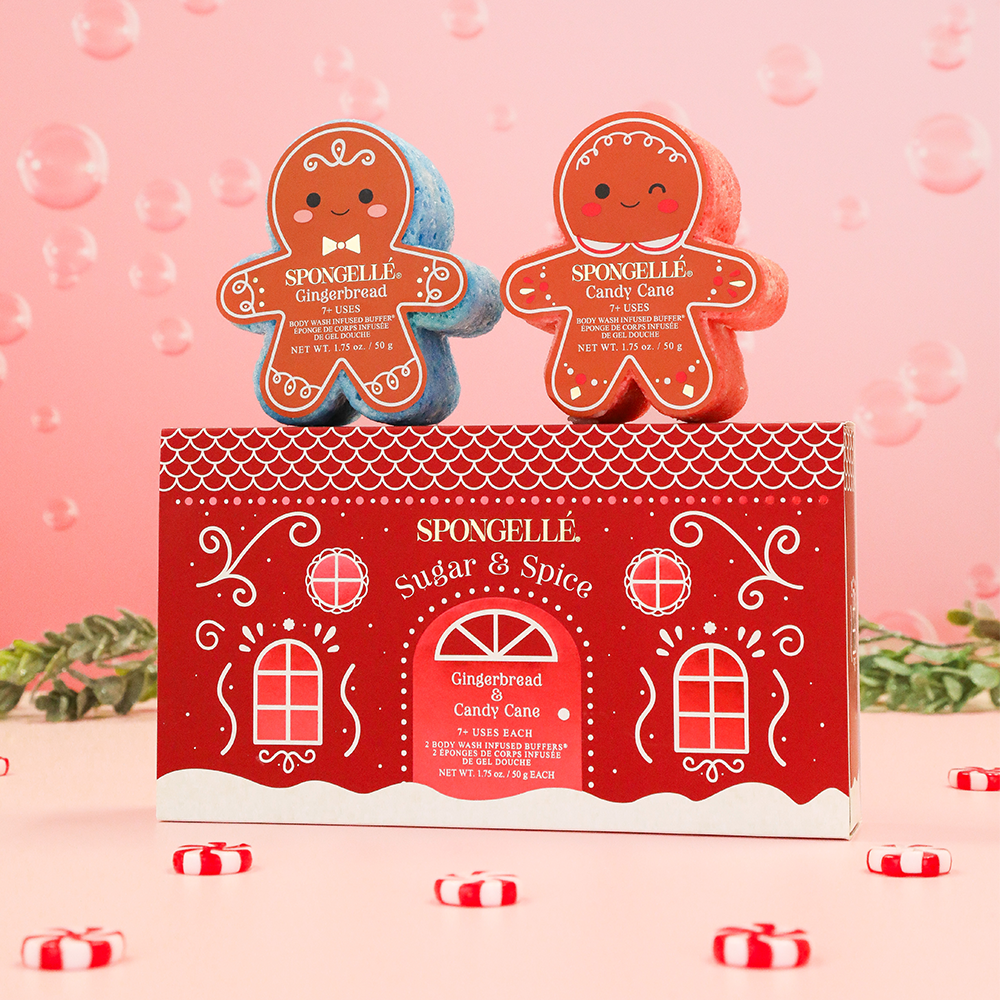 Spongellé Sugar & Spice Holiday Gingerbread Body Wash Infused Buffer with festive gingerbread design for holiday skincare.