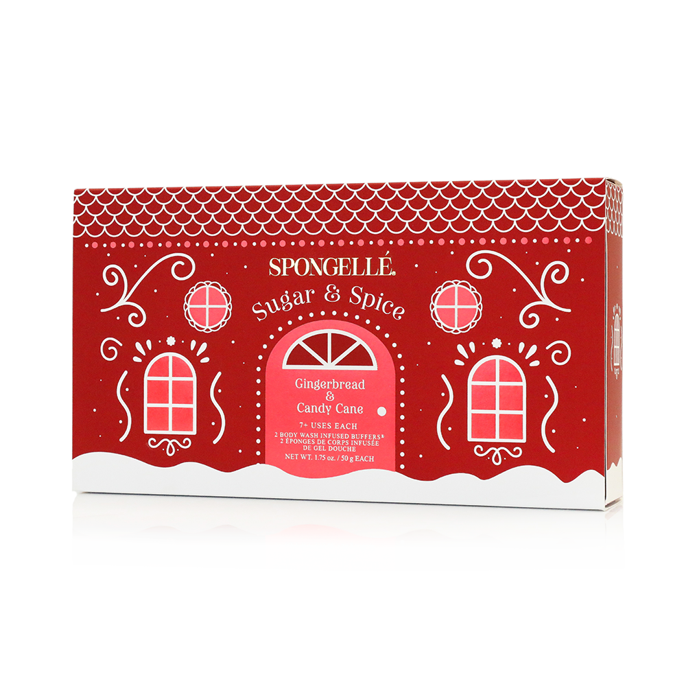Spongellé Sugar & Spice Holiday Gingerbread Body Wash Infused Buffer with festive gingerbread scent and decorative packaging.