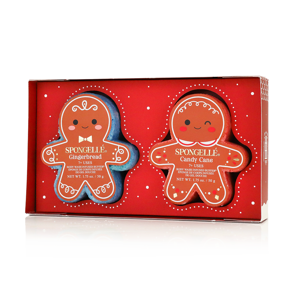 Spongellé Sugar & Spice Holiday Gingerbread Body Wash Infused Buffer with festive gingerbread scent and holiday gift set packaging.