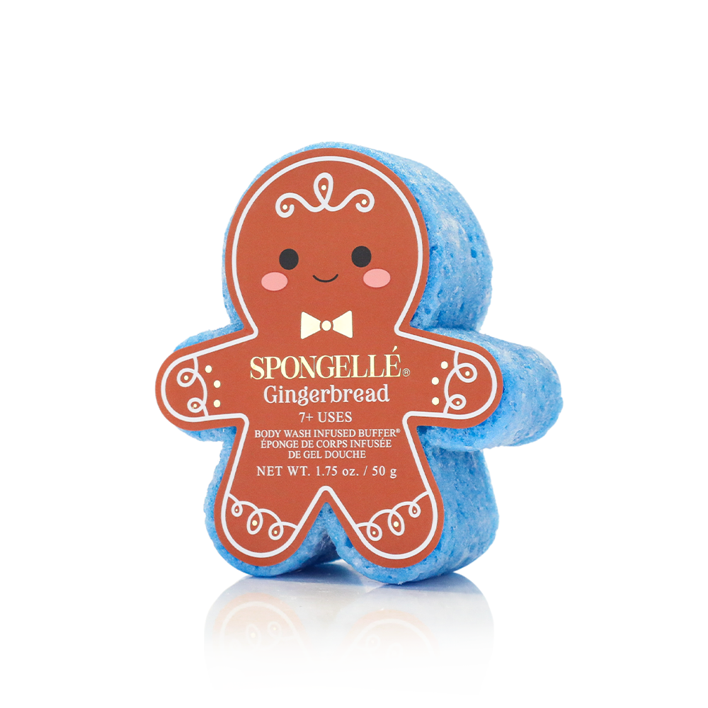 Spongellé Sugar & Spice Holiday Gingerbread Body Wash Infused Buffer with festive gingerbread scent and holiday packaging