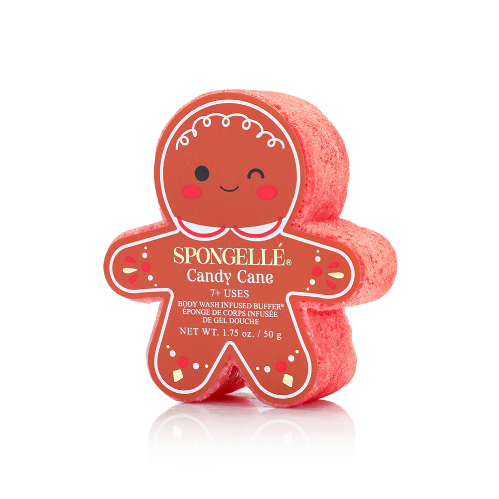 Spongellé Sugar & Spice Holiday Gingerbread Body Wash Infused Buffer set with festive gingerbread design and nourishing body wash.