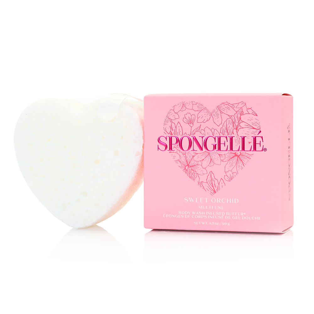 Spongellé Sweet Orchid Heart Buffer, a body wash infused buffer with floral scent and textured surface for gentle cleansing.