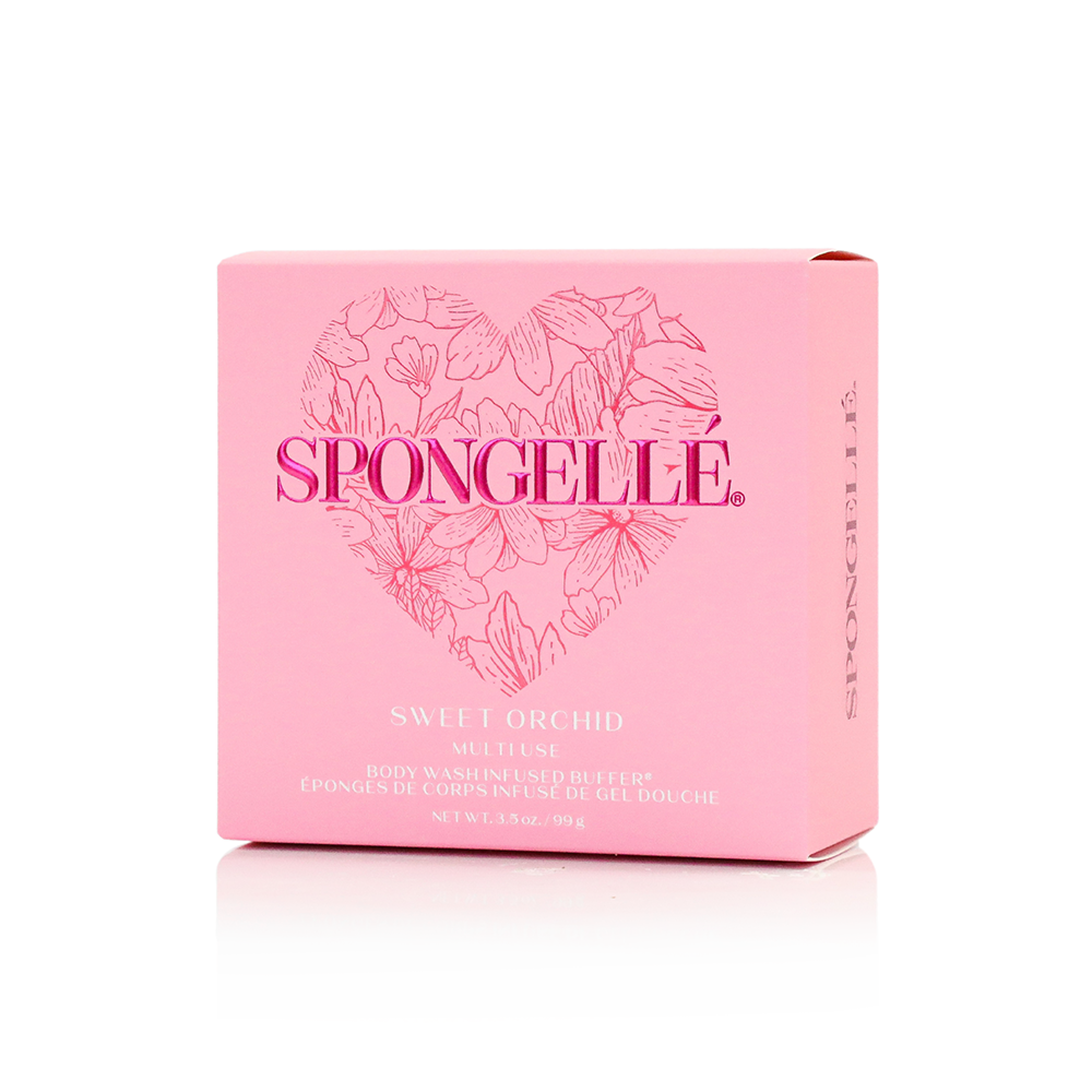 Spongellé Sweet Orchid Heart Body Wash Infused Buffer with floral design and soft, textured surface for gentle cleansing.