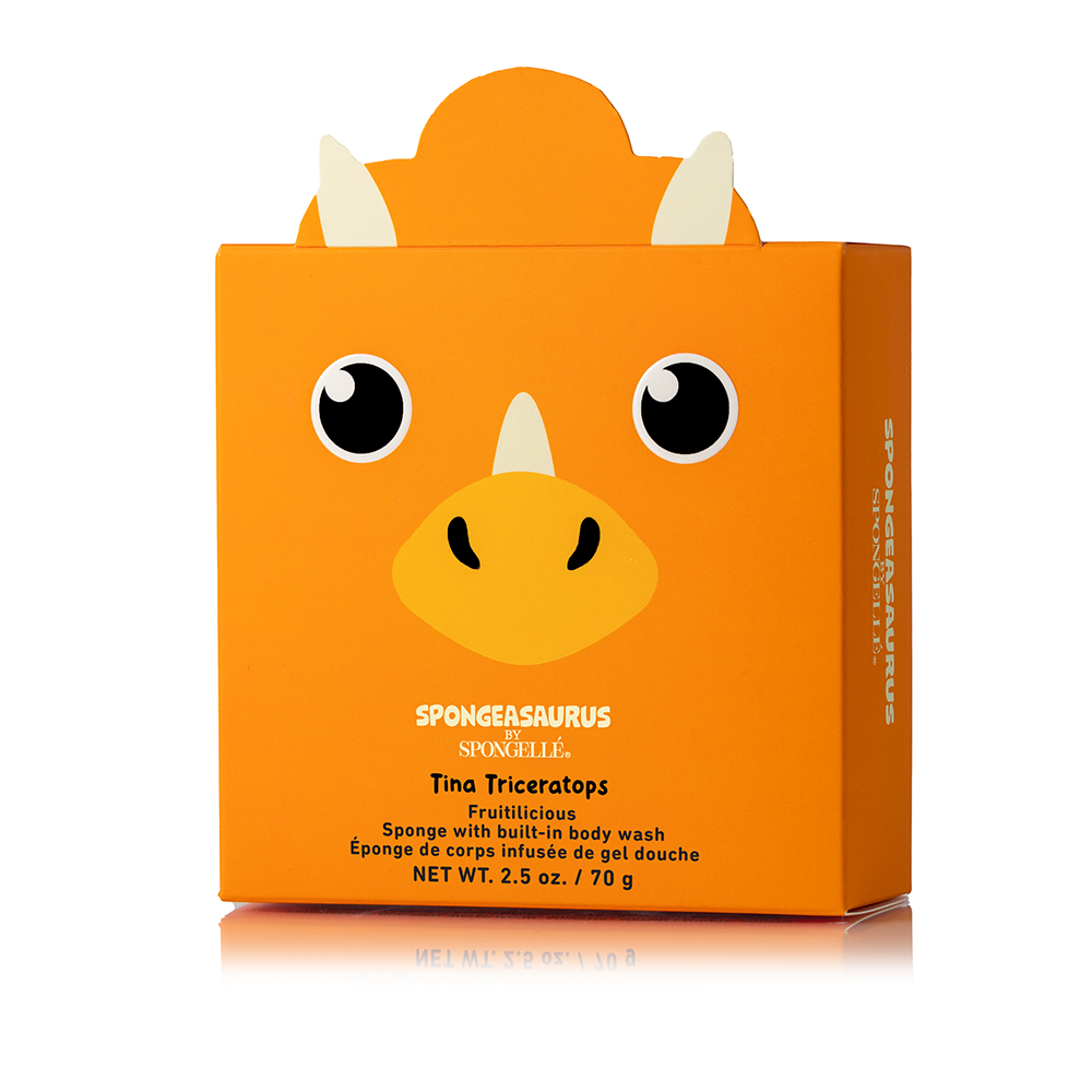 Tina Triceratops Spongeasaurus dinosaur-shaped body wash infused buffer by Spongellé with colorful design and textured surface.