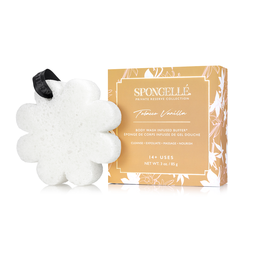 Spongellé Tobacco Vanilla body wash infused buffer with boxed flower design, soft sponge texture, and floral packaging.