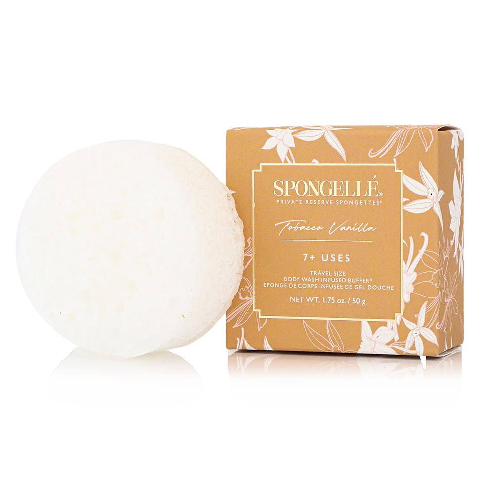 Spongellé Tobacco Vanilla body wash infused buffer sponge with soft texture and vanilla scent for gentle cleansing.