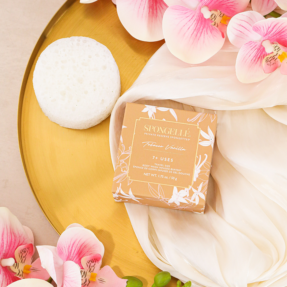 Spongellé Tobacco Vanilla body wash-infused buffer sponge with soft texture and vanilla scent for gentle cleansing.