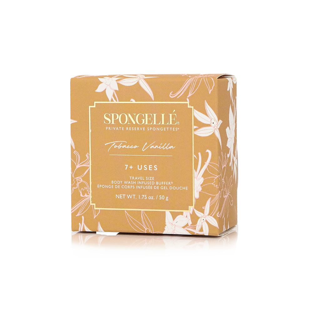 Spongellé Tobacco Vanilla body wash-infused buffer sponge with a soft, textured surface for gentle cleansing and exfoliation.