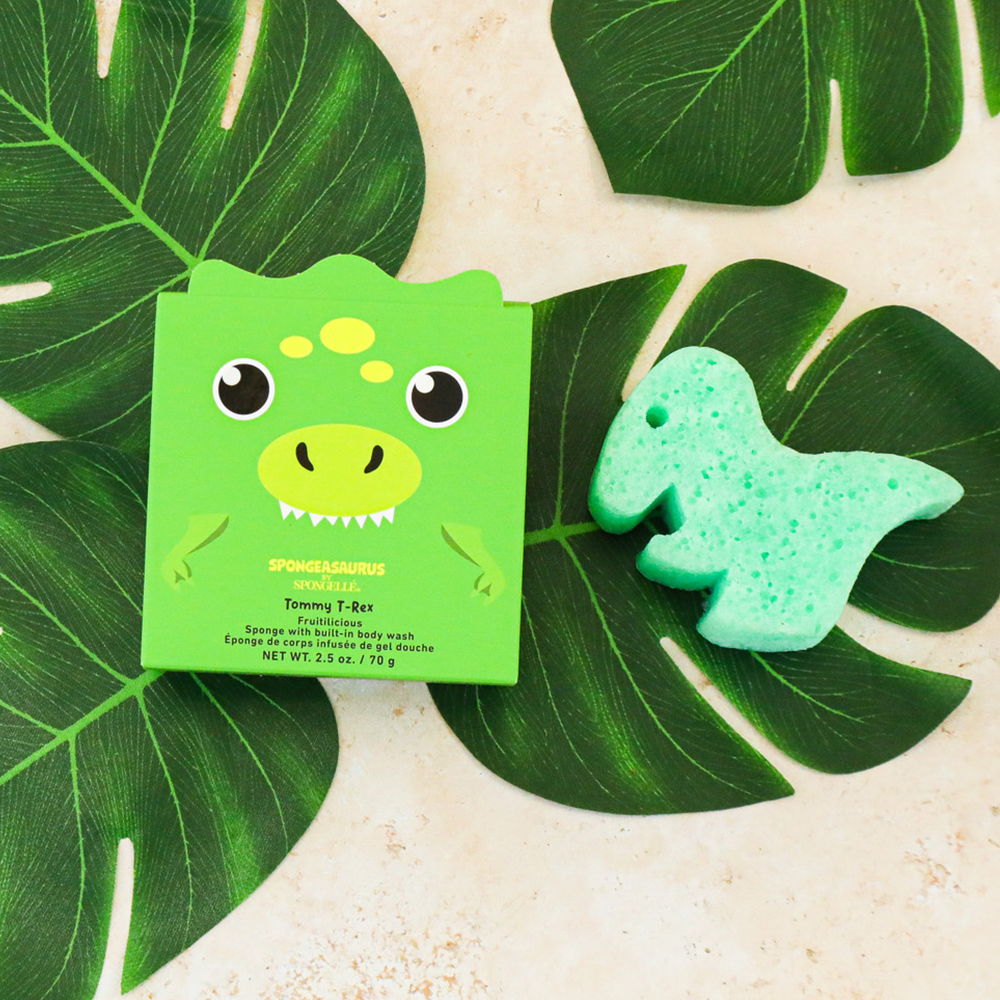 Tommy T-Rex Spongeasaurus dinosaur body wash infused buffer by Spongellé, featuring a fun dinosaur design for gentle cleansing.