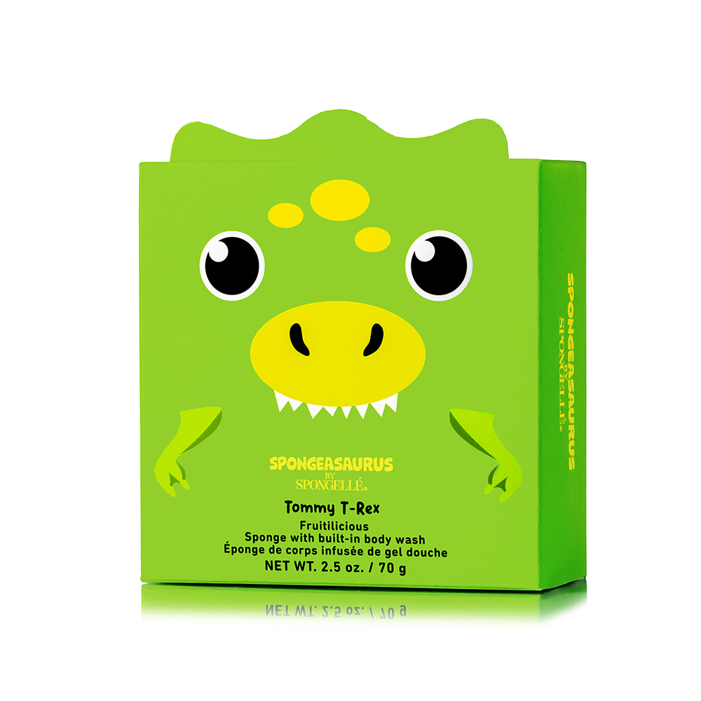 Tommy T-Rex Spongeasaurus dinosaur body wash infused buffer by Spongellé with textured sponge surface and dinosaur design.