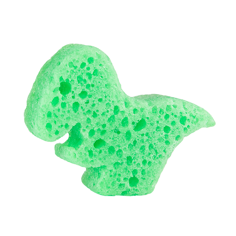 Tommy T-Rex Spongeasaurus dinosaur-shaped body wash infused buffer by Spongellé showing textured surface and playful T-Rex design