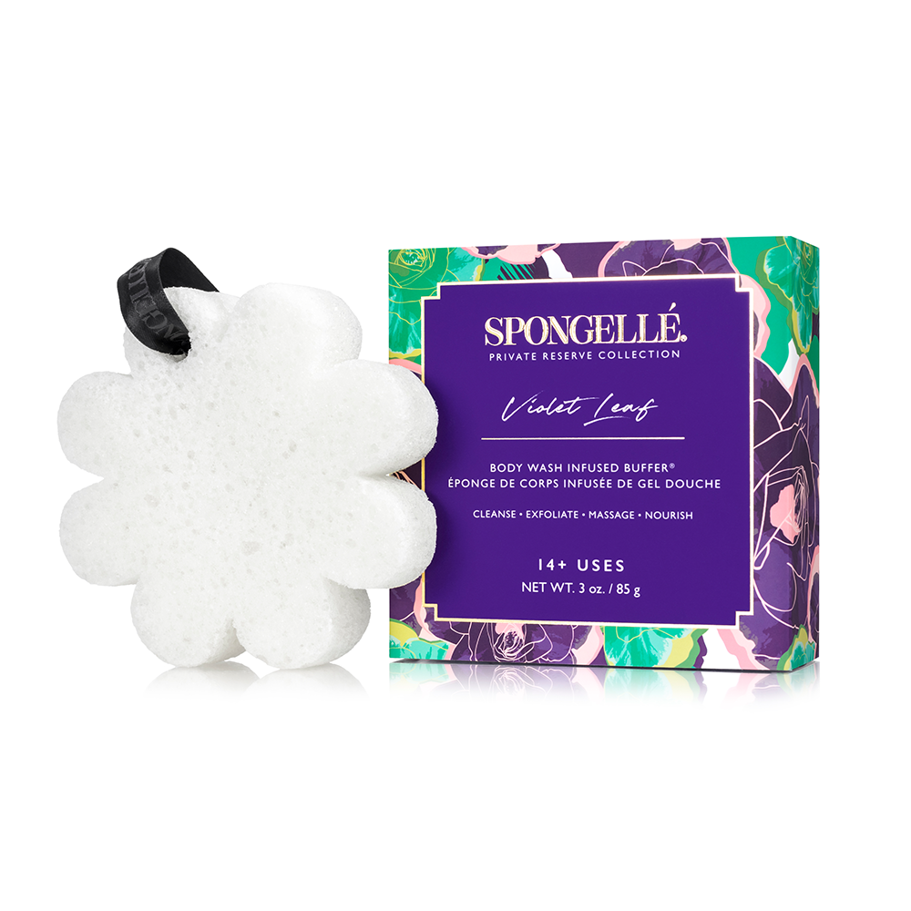 Spongellé Violet Leaf Body Wash Infused Buffer with boxed flower design for gentle cleansing and exfoliation.