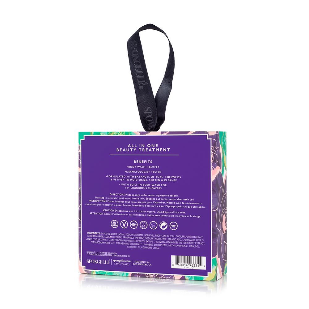 Spongellé Violet Leaf Body Wash Infused Buffer with boxed violet leaf flower design for gentle exfoliation and cleansing.