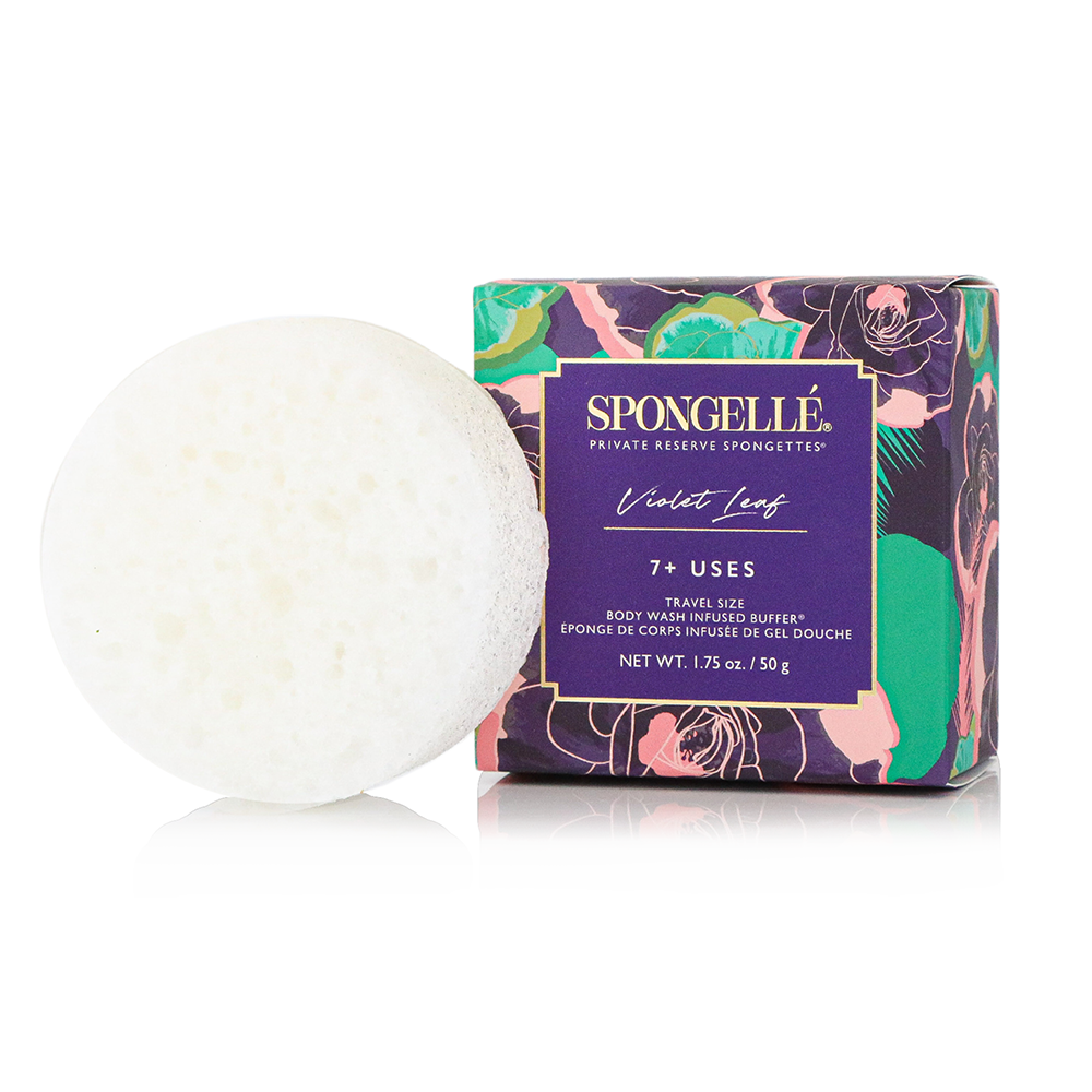 Violet Leaf Spongette body wash-infused buffer by Spongellé showing a purple exfoliating sponge with floral design