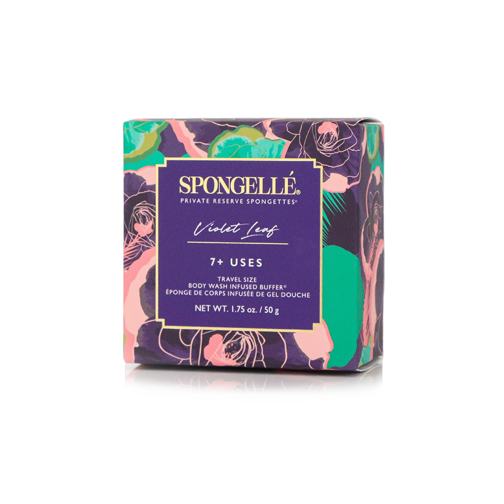 Violet Leaf Spongette body wash-infused buffer by Spongellé with violet leaf scent and textured sponge for gentle cleansing.