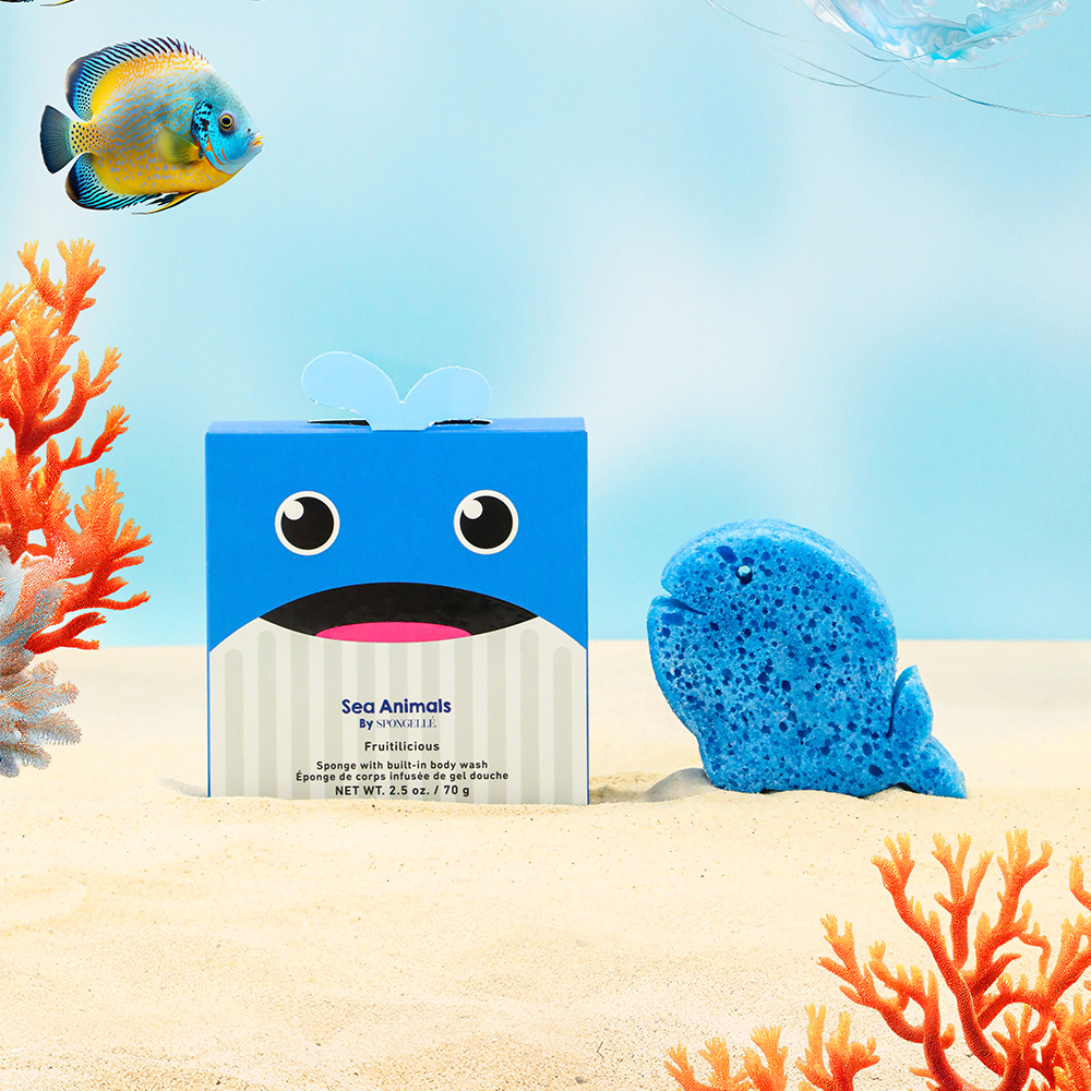Walter Whale Sea Animals Body Wash Infused Buffer by Spongellé, featuring whale design and vibrant sea creature illustrations.