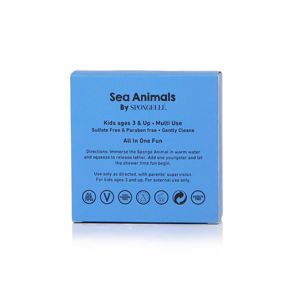 Walter Whale Sea Animals body wash infused buffer by Spongellé, soft sponge with whale and sea animal design for gentle cleansing.