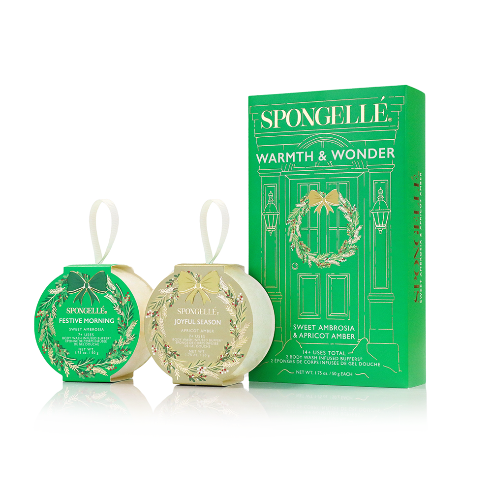 Spongellé Warmth & Wonder holiday wreath gift set with body wash infused buffer, featuring festive holiday design and luxurious skincare.