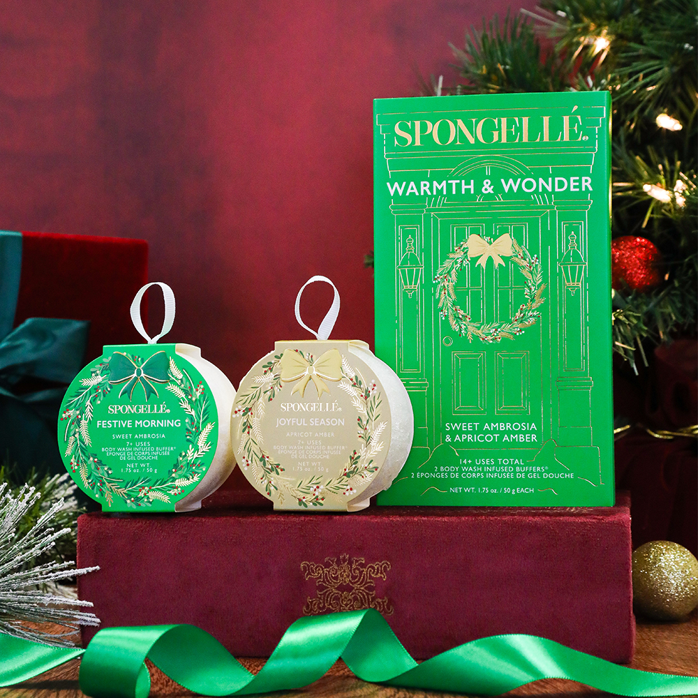 Spongellé Warmth & Wonder holiday wreath gift set with body wash-infused buffer, floral and festive holiday packaging.