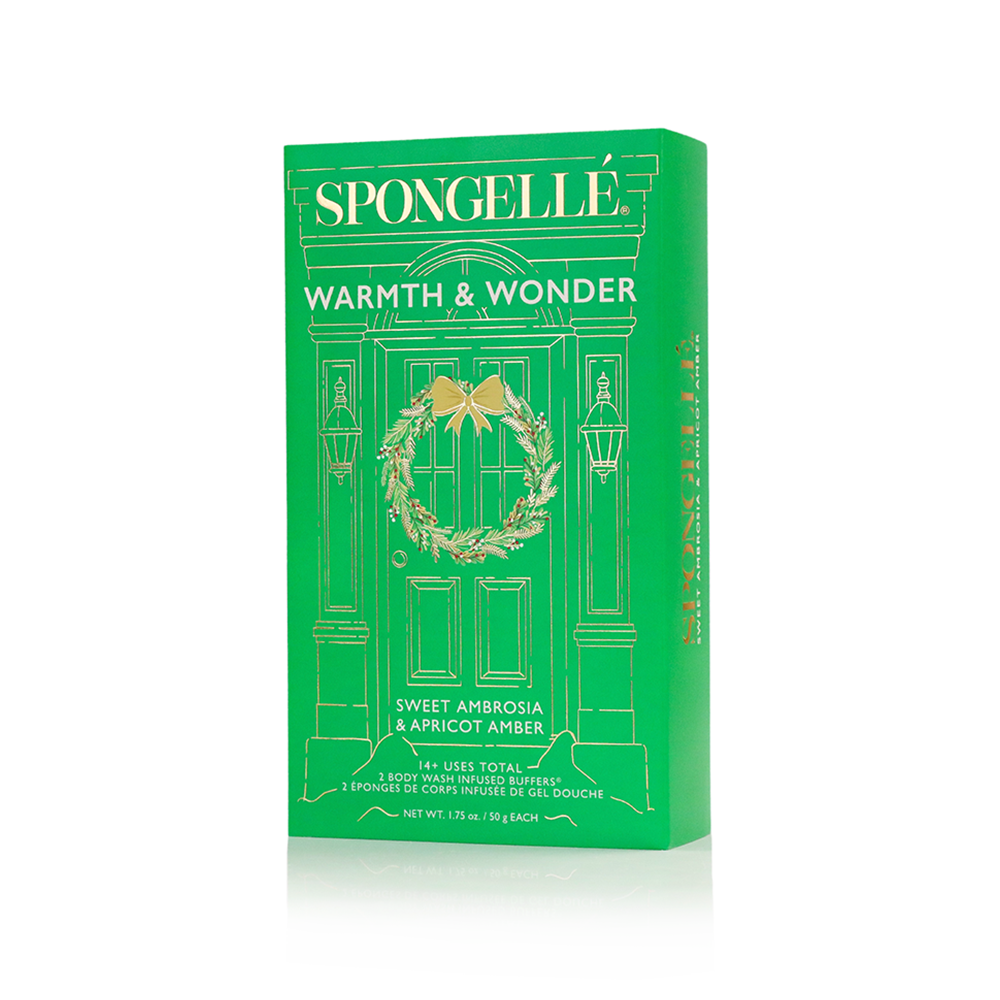Spongellé Warmth & Wonder Holiday Wreath Body Wash Infused Buffer gift set with festive design and exfoliating body wash buffer.