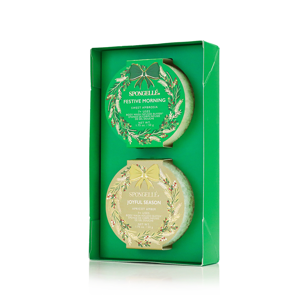 Spongellé Warmth & Wonder holiday wreath gift set with body wash infused buffer, festive and fragrant for holiday gift giving.