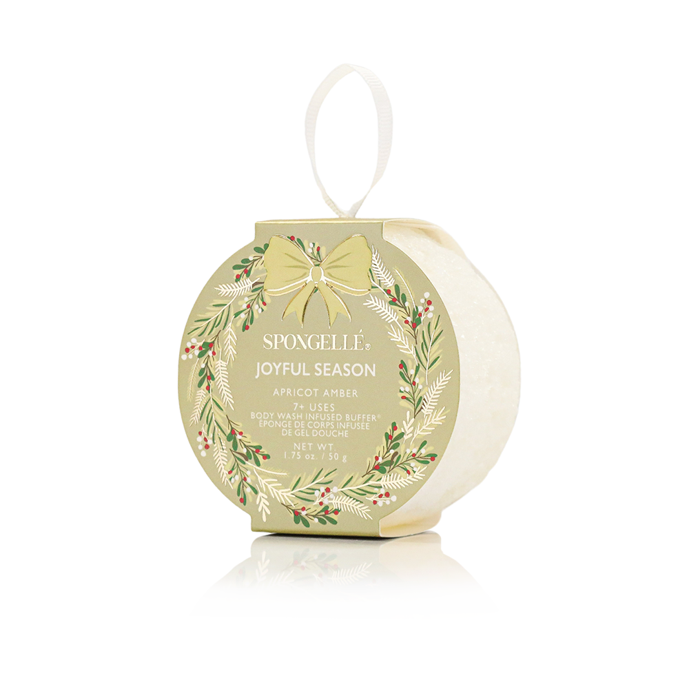 Spongellé Warmth & Wonder Holiday Wreath Body Wash Infused Buffer, festive gift set with luxurious exfoliating buffer and body wash