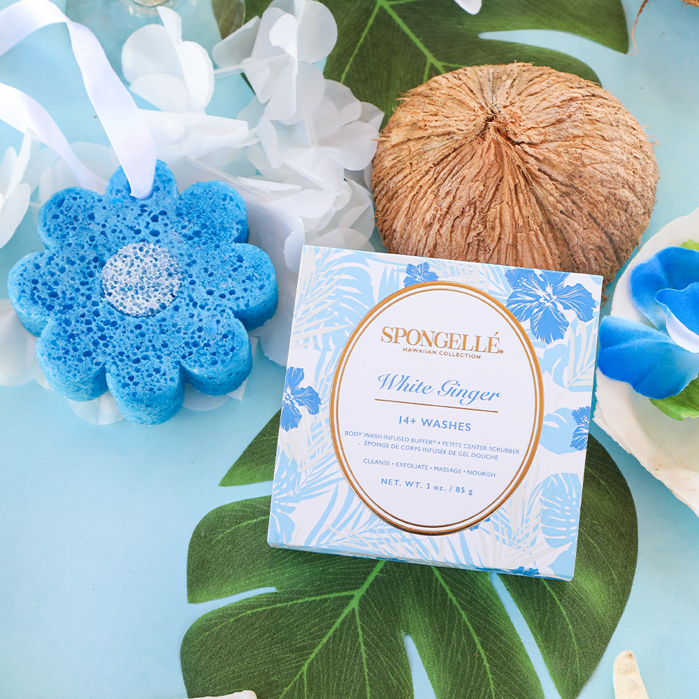 White Ginger Hawaiian Buffer by Spongellé, a body wash infused buffer with a textured design for gentle exfoliation.