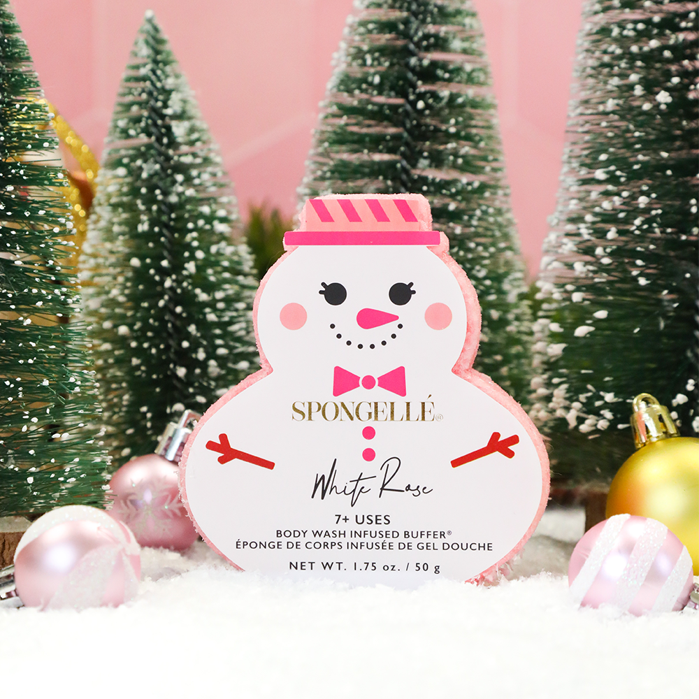 White Rose Holiday Snowman Spongellé body wash infused buffer with floral scent and festive winter design.