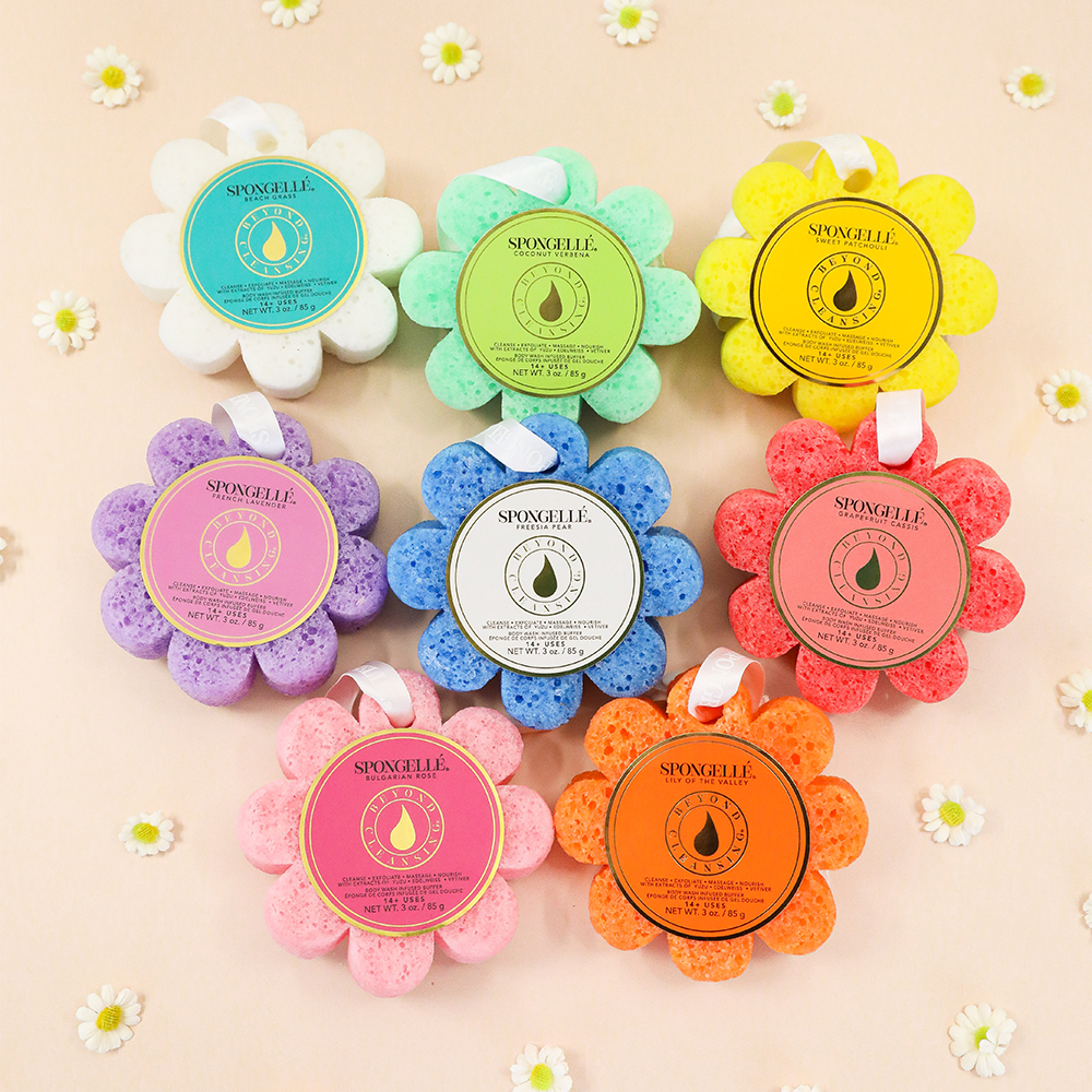 Spongellé Wild Flower Assorted Pack body wash-infused buffer with floral scent and colorful textured surface.