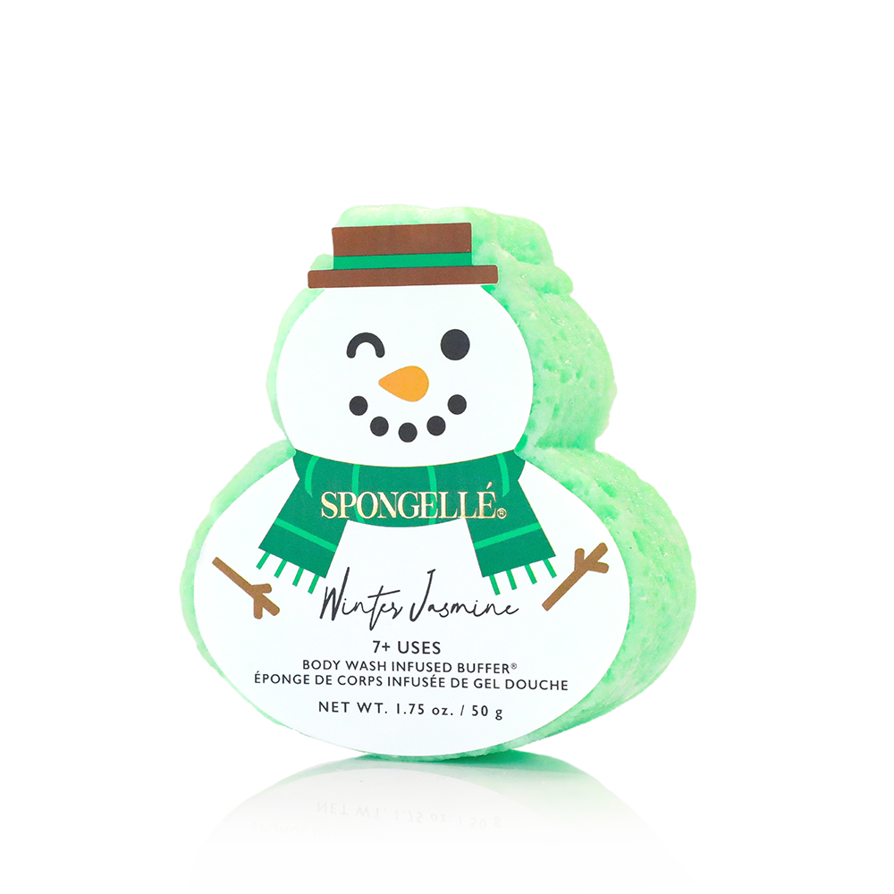 Spongellé Winter Jasmine Holiday Snowman body wash infused buffer, decorative bath accessory with floral scent and winter design