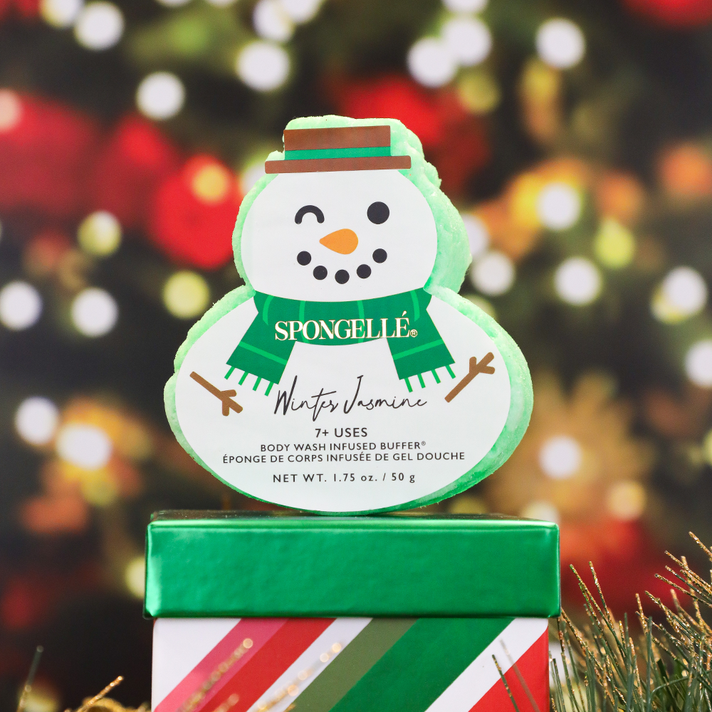 Spongellé Winter Jasmine Holiday Snowman body wash infused buffer with floral jasmine scent and festive holiday design.