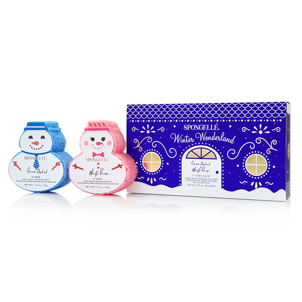 Spongellé Winter Wonderland holiday snowman gift set with body wash infused buffer for festive skincare and spa experience