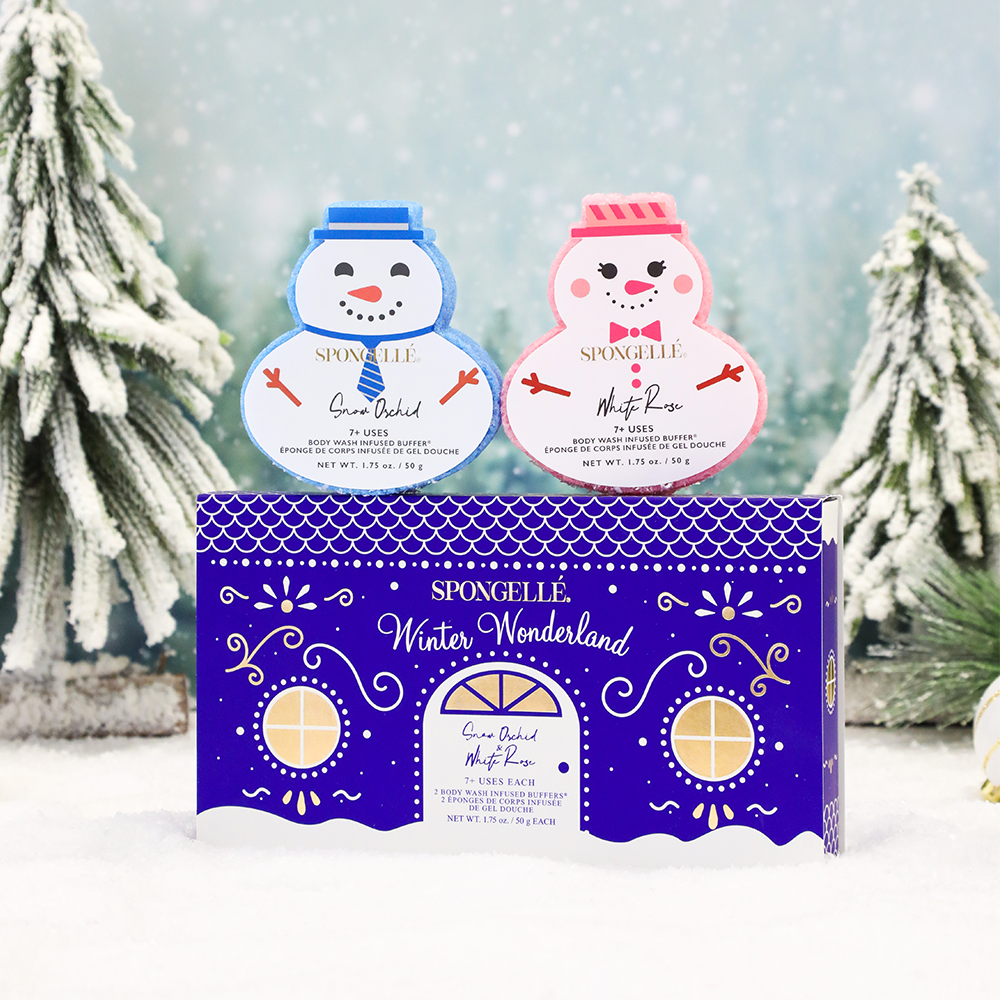 Spongellé Winter Wonderland Holiday Snowman Body Wash Infused Buffer with festive winter design and holiday-themed packaging.
