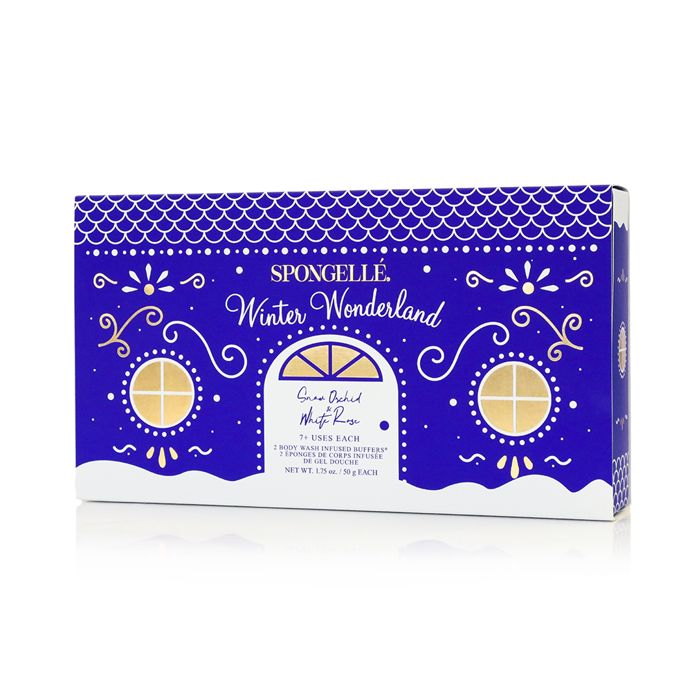 Spongellé Winter Wonderland holiday snowman body wash infused buffer with festive design and holiday-themed packaging.