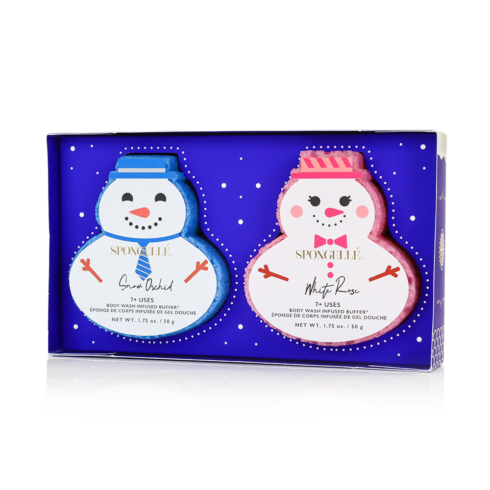 Spongellé Winter Wonderland holiday snowman body wash infused buffer set with festive snowman design.