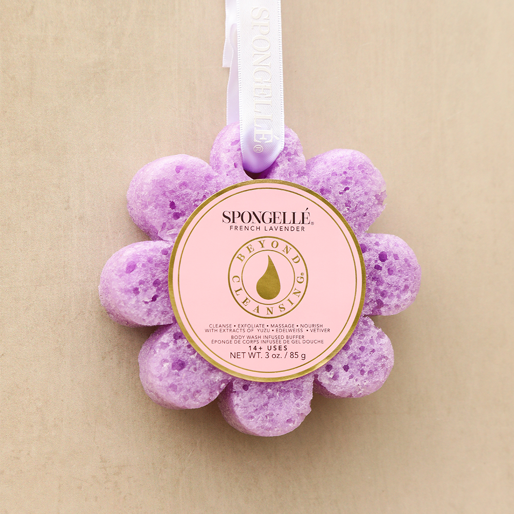 Spongellé French Lavender Wild Flower Bath Sponge with purple floral design and soft texture for relaxing bath experience.