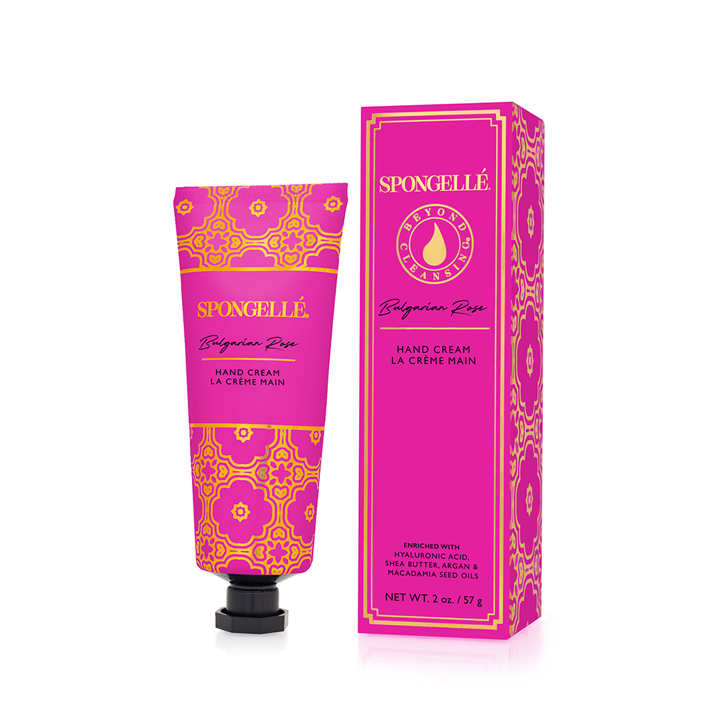 Spongellé Bulgarian Rose hand cream with floral scent, creamy texture, and elegant packaging for nourishing skin.