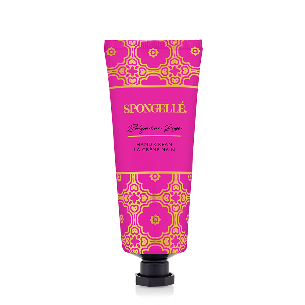Spongellé Bulgarian Rose hand cream tube with floral design, moisturizing hand cream for soft, smooth skin.