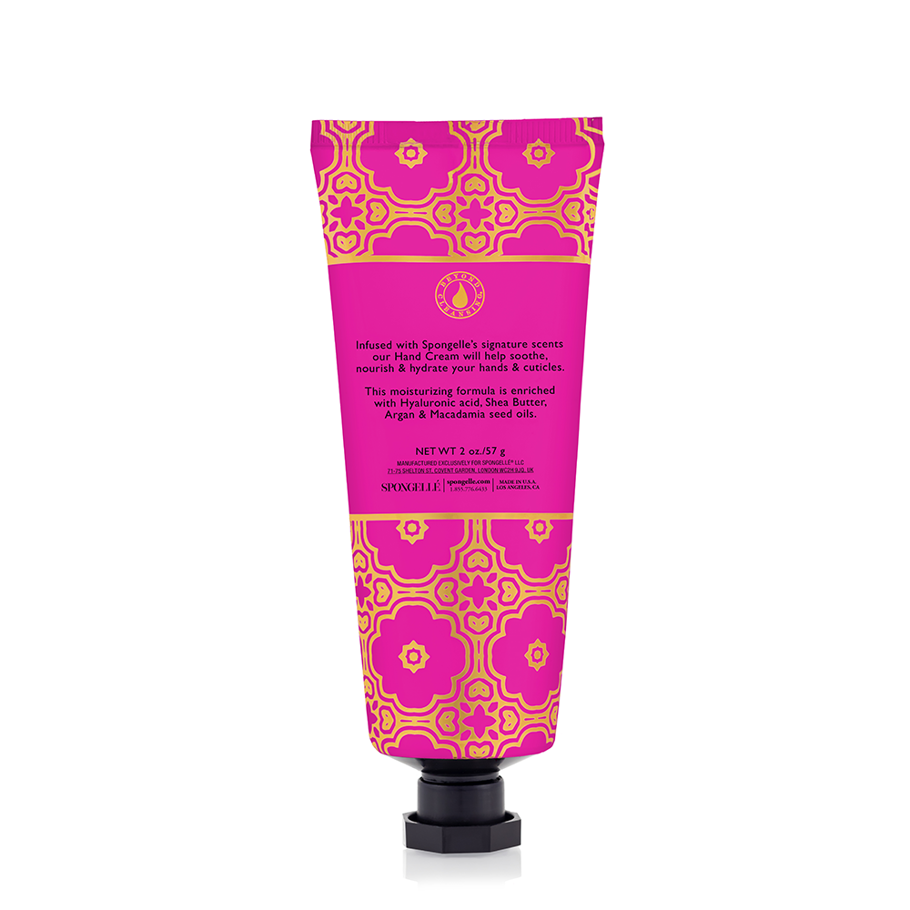 Spongellé Bulgarian Rose Hand Cream tube with floral design, featuring a luxurious pink packaging and elegant branding.