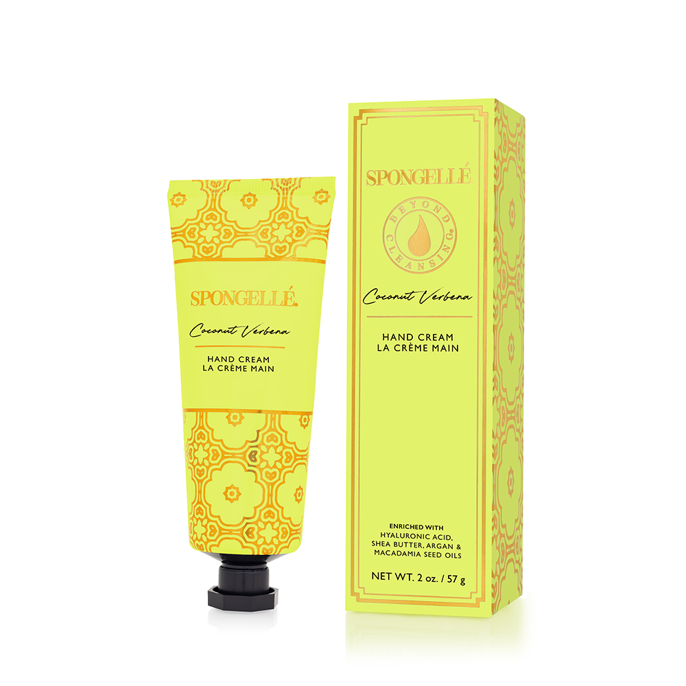Spongellé Coconut Verbena hand cream tube with floral and coconut scent, featuring a sleek white packaging design.